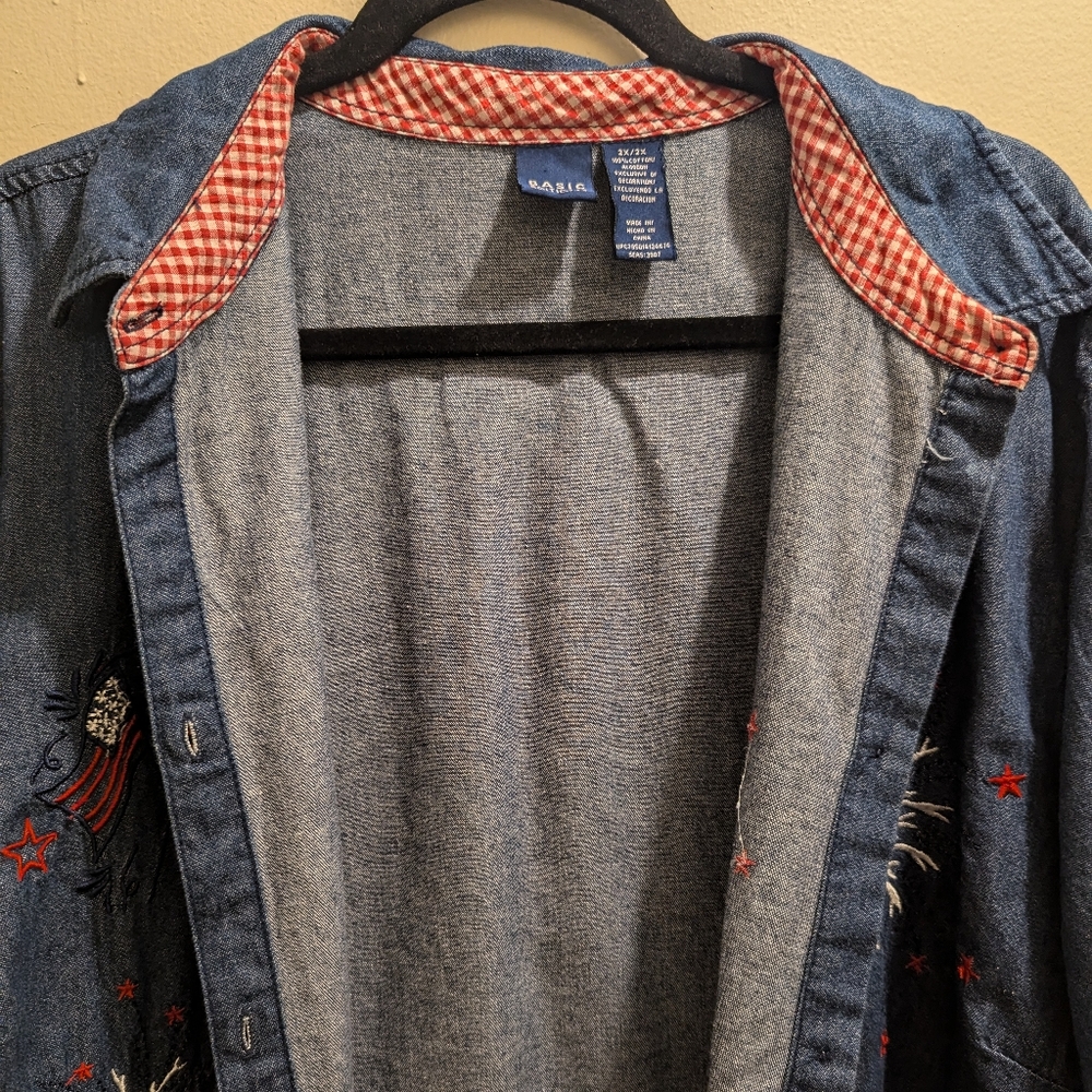 Basic Editions 90's Embroidered Denim Top Short Sleeve Red White Blue July 4- 2X - Picture 5 of 8